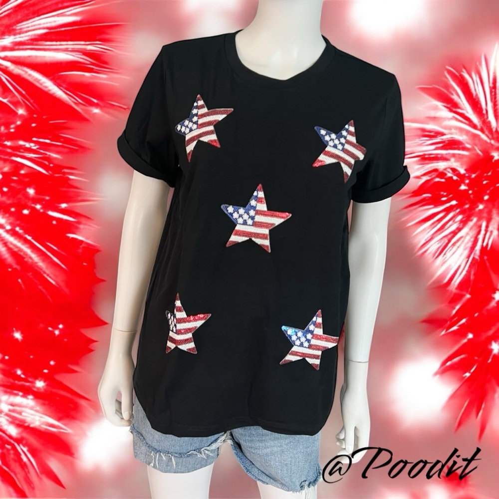 POODIT Patriotic star black loose fit tee S M L XL 2XL 3XL - Picture 4 of 6